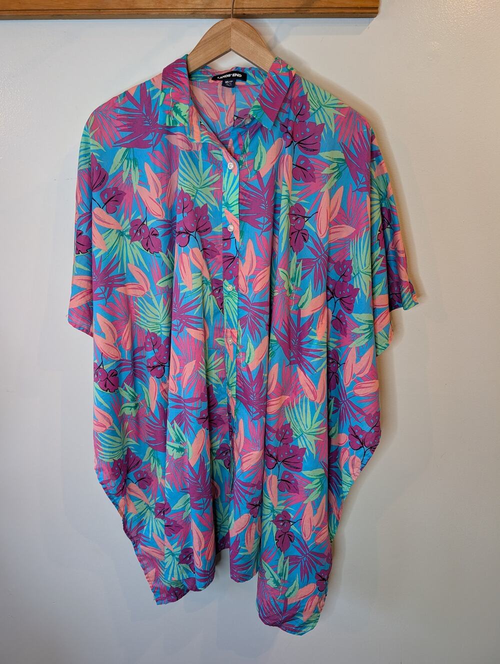 Lands' End Tropical Print Oversized Shirt Dress Top Medium Petite 100% Cotton